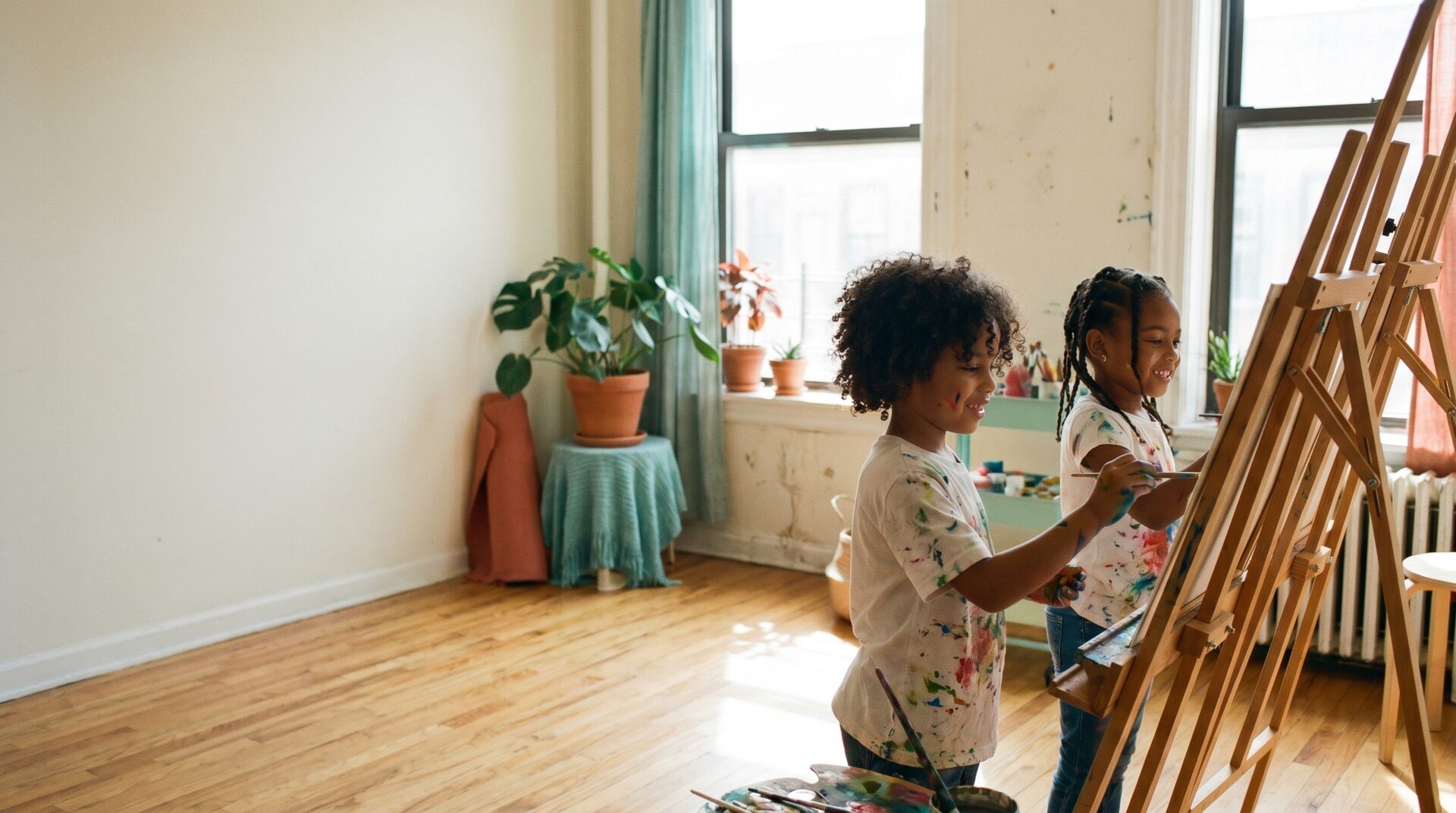 A child painting at an easel with brushes and color