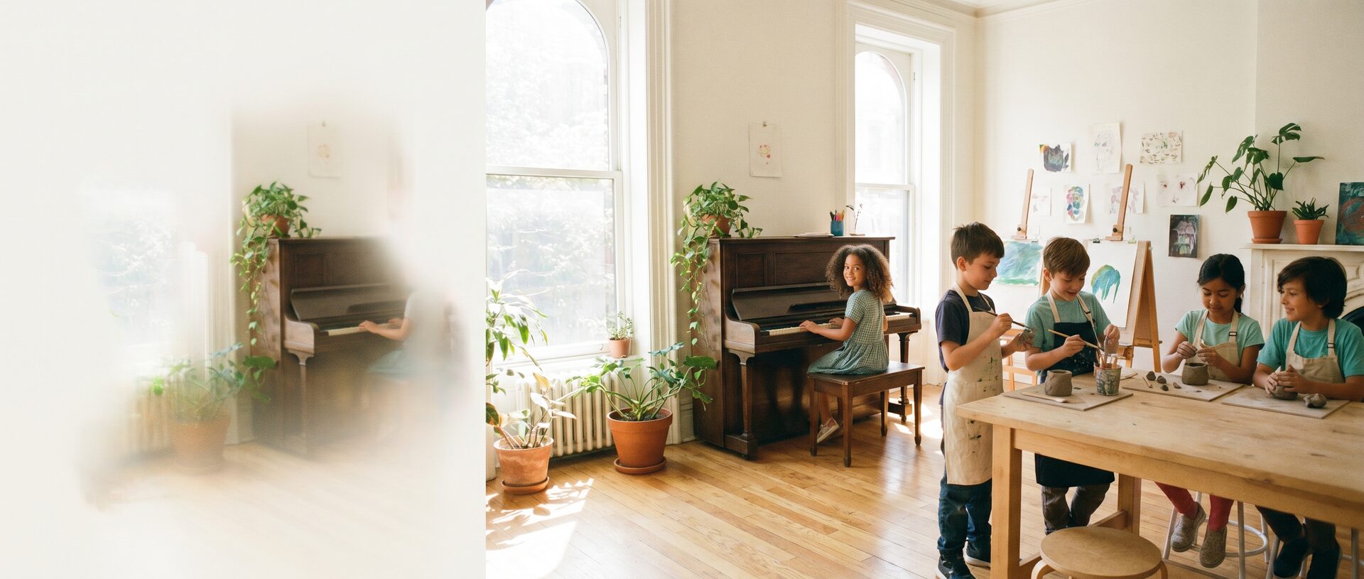 Children making art and music together in a sunlit Brooklyn Heights studio