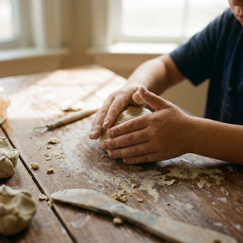 A child shaping clay at the studio