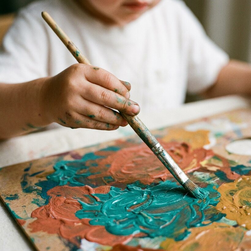 A child painting with bright colors at an easel