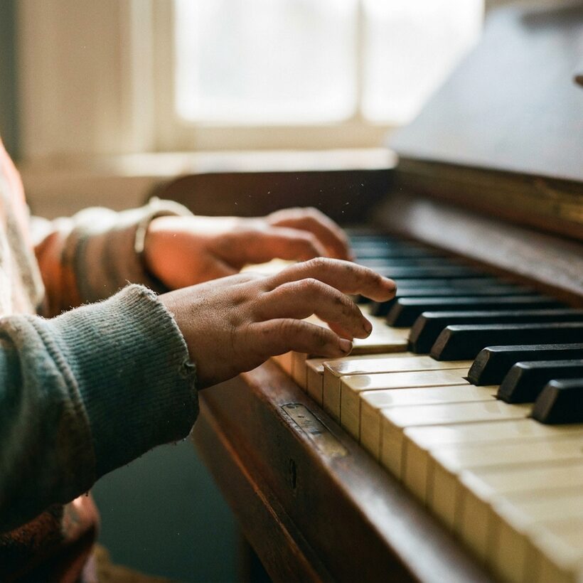 Hands on worn piano keys in warm window light